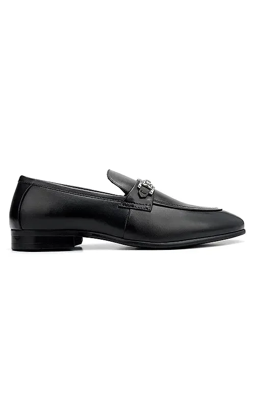 Black Embellished Leather Loafers