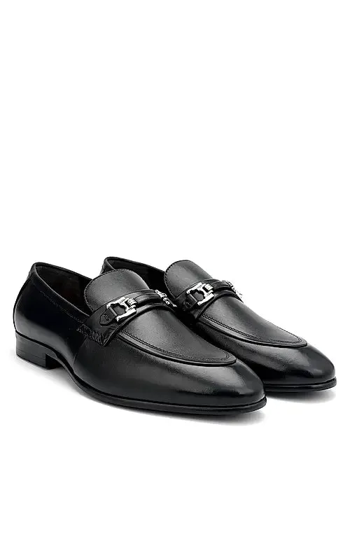 Black Embellished Leather Loafers