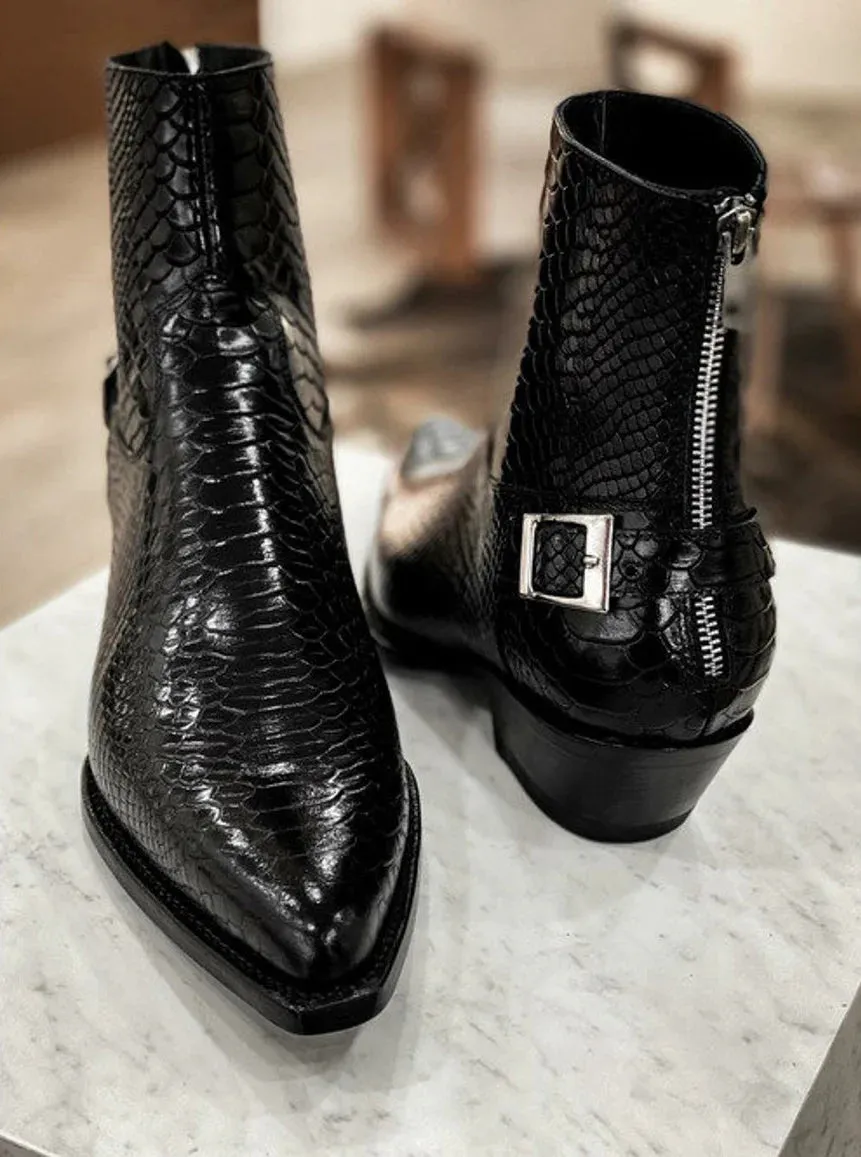 Croc Python Snake Animal Print Leather Alessia Slip On Zipper Pointed Boots for Men
