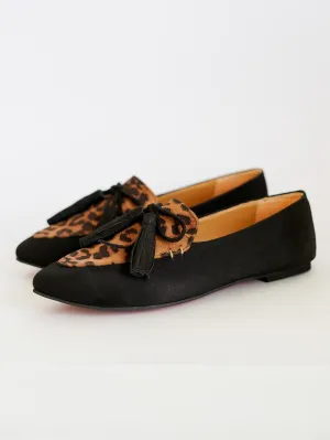 Leopard Pointed Bow Tasseled Loafers