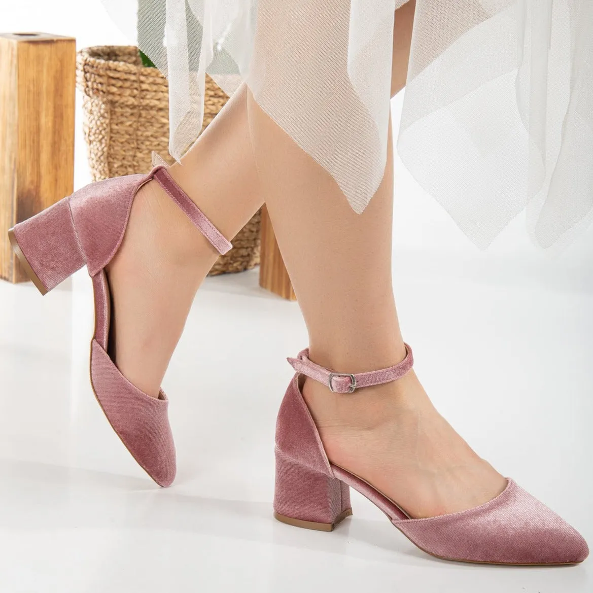 Marcelle - Rose Velvet Low Heels with Pearls