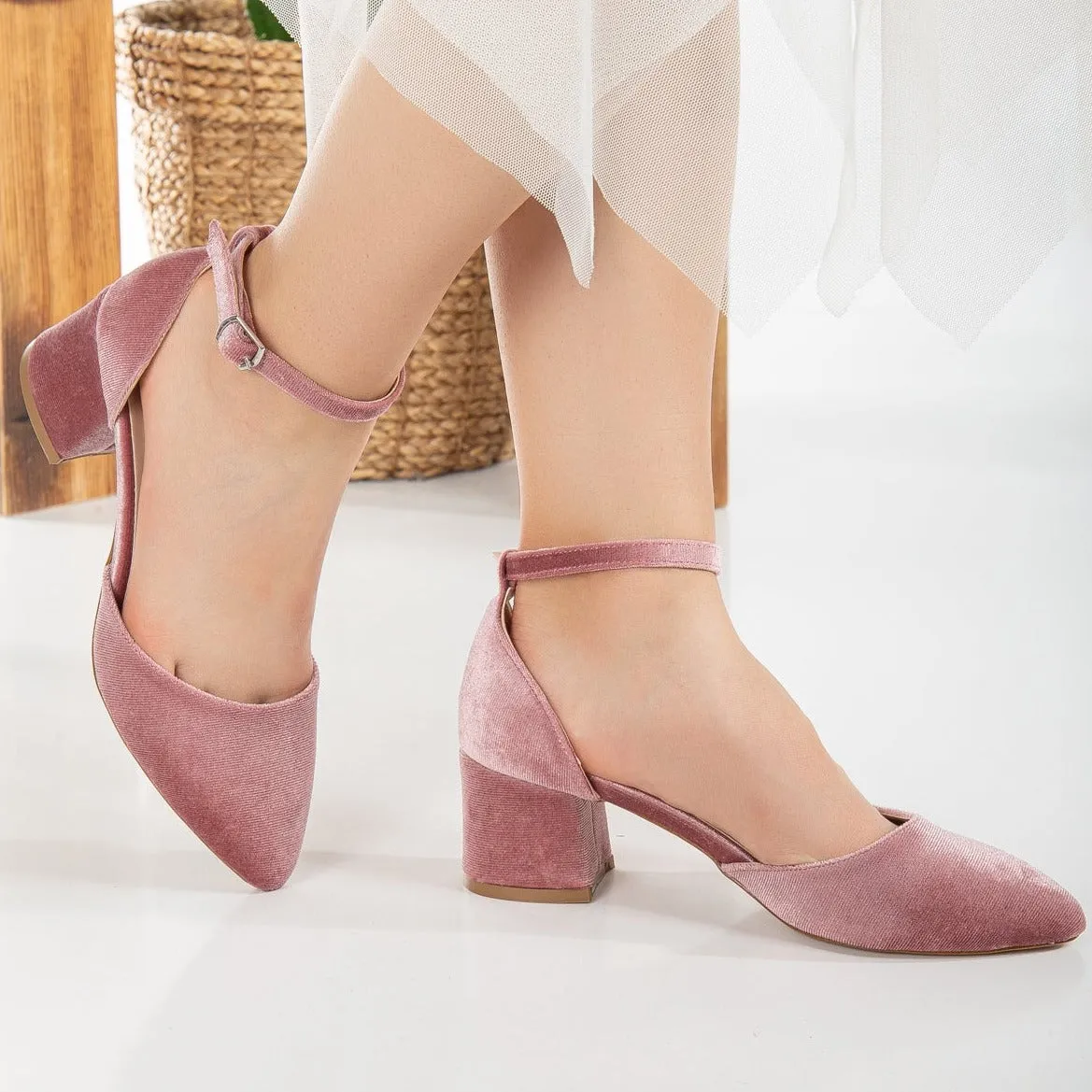 Marcelle - Rose Velvet Low Heels with Pearls