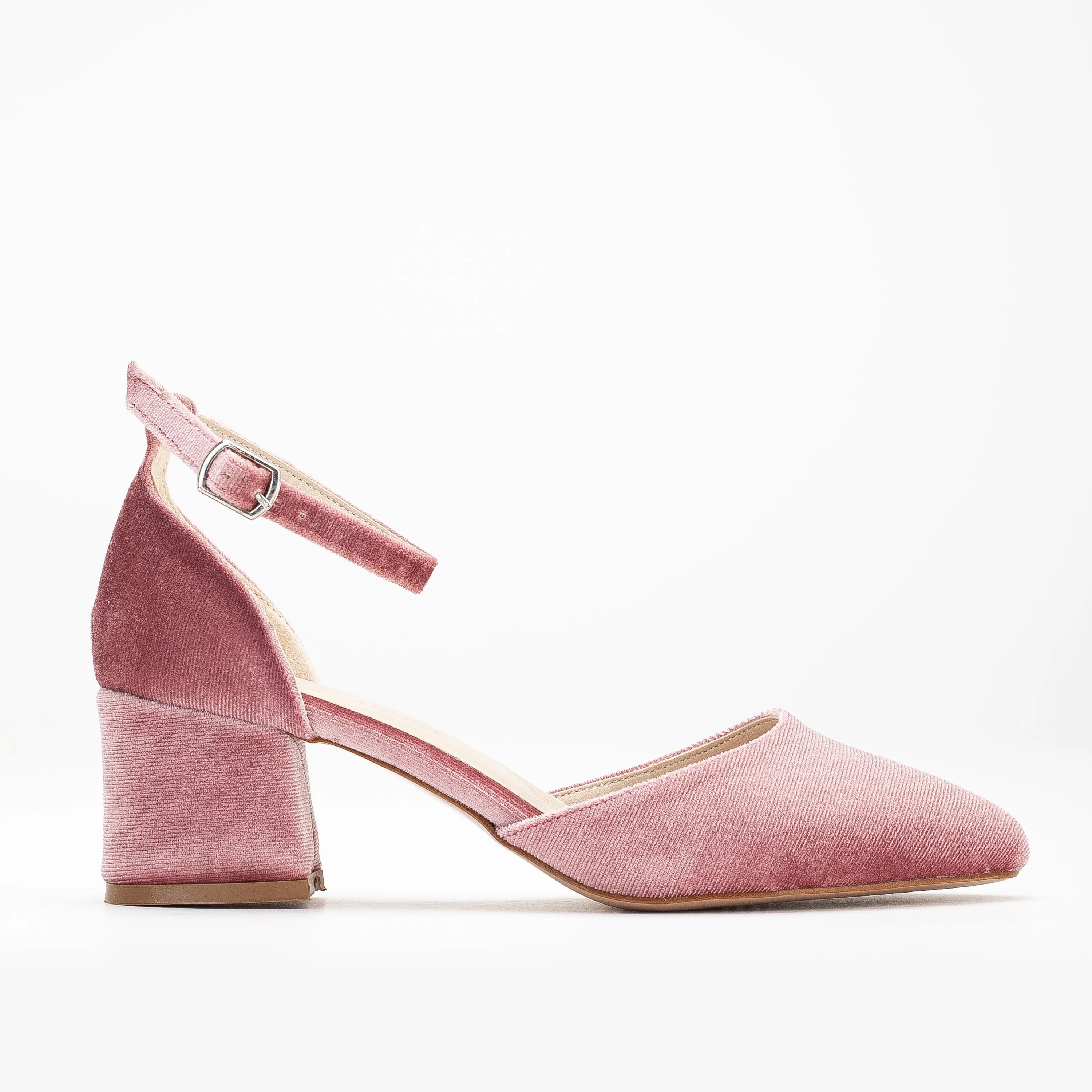 Marcelle - Rose Velvet Low Heels with Pearls