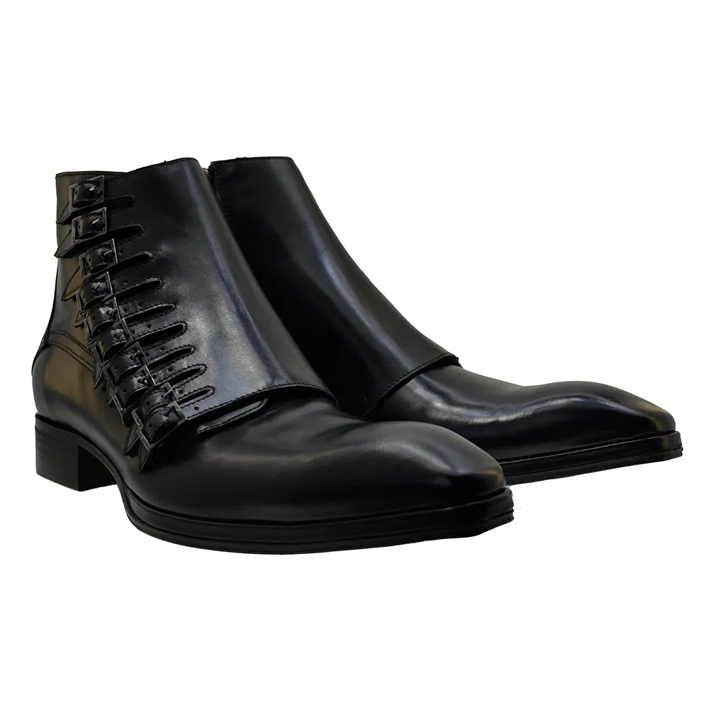 Men's Italian Shoes Jo Ghost 1554 Black Leather Buckle Ankle Boots