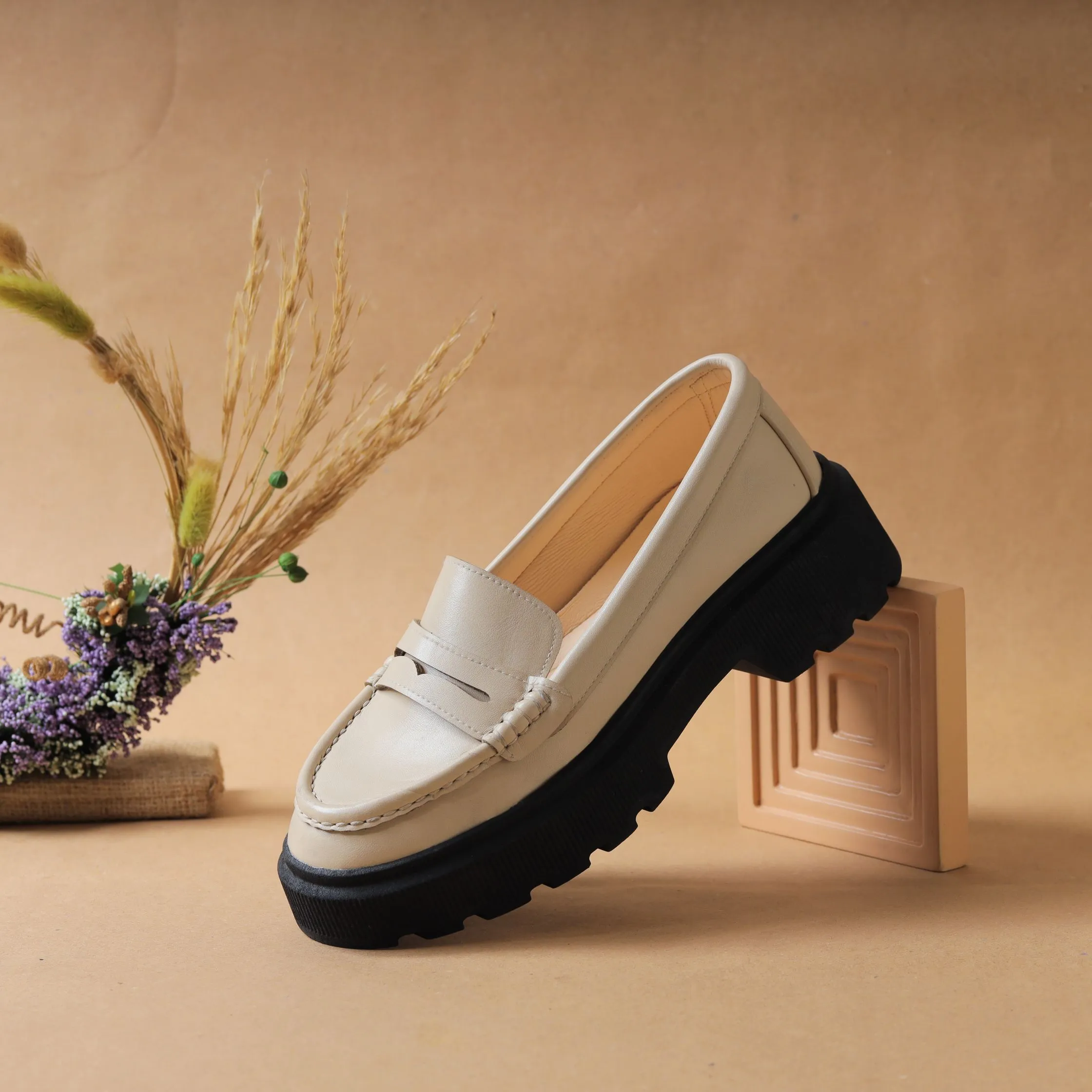 Quality Leather Chunky Loafers - Beige