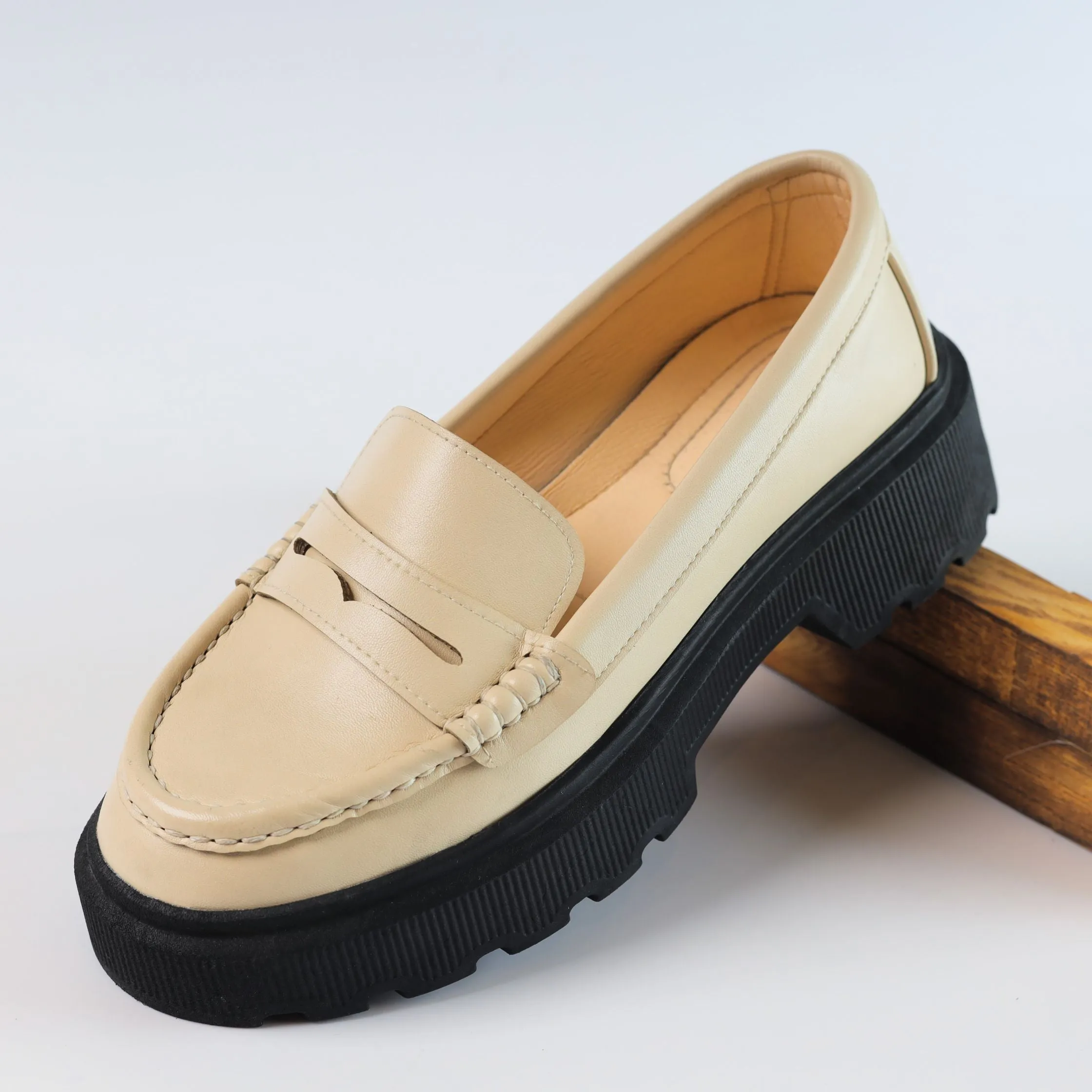 Quality Leather Chunky Loafers - Beige