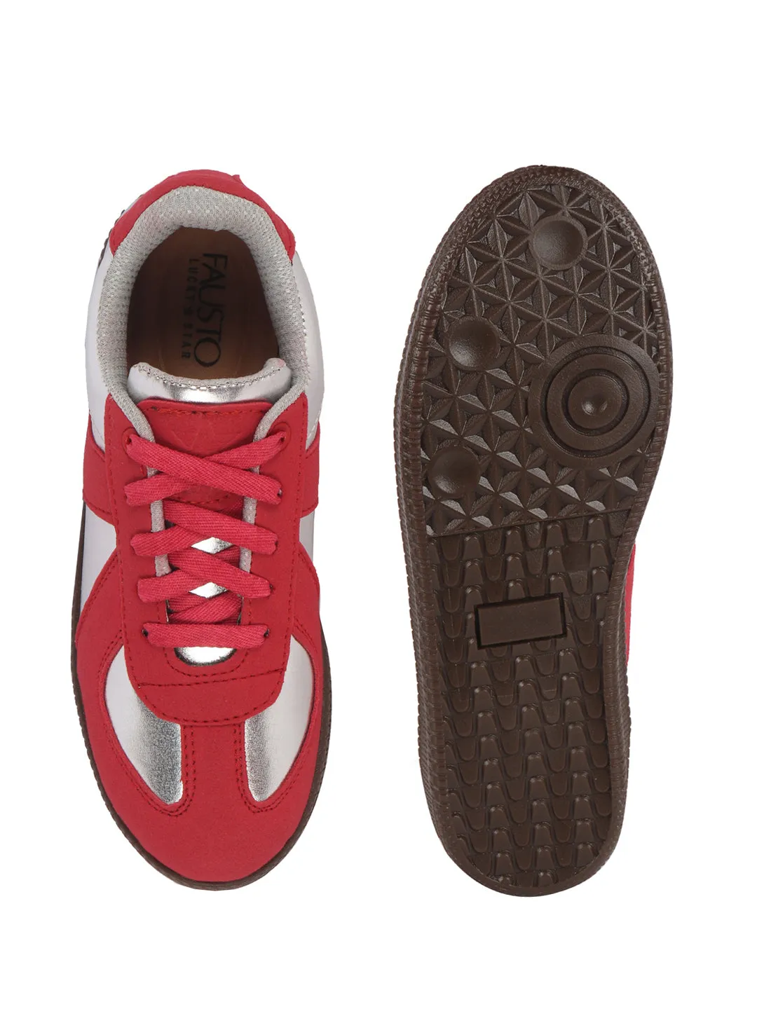 Women Red Embellished Classic Lace-Up Casual Shoes|Memory Cushioned Comfortable Sneakers