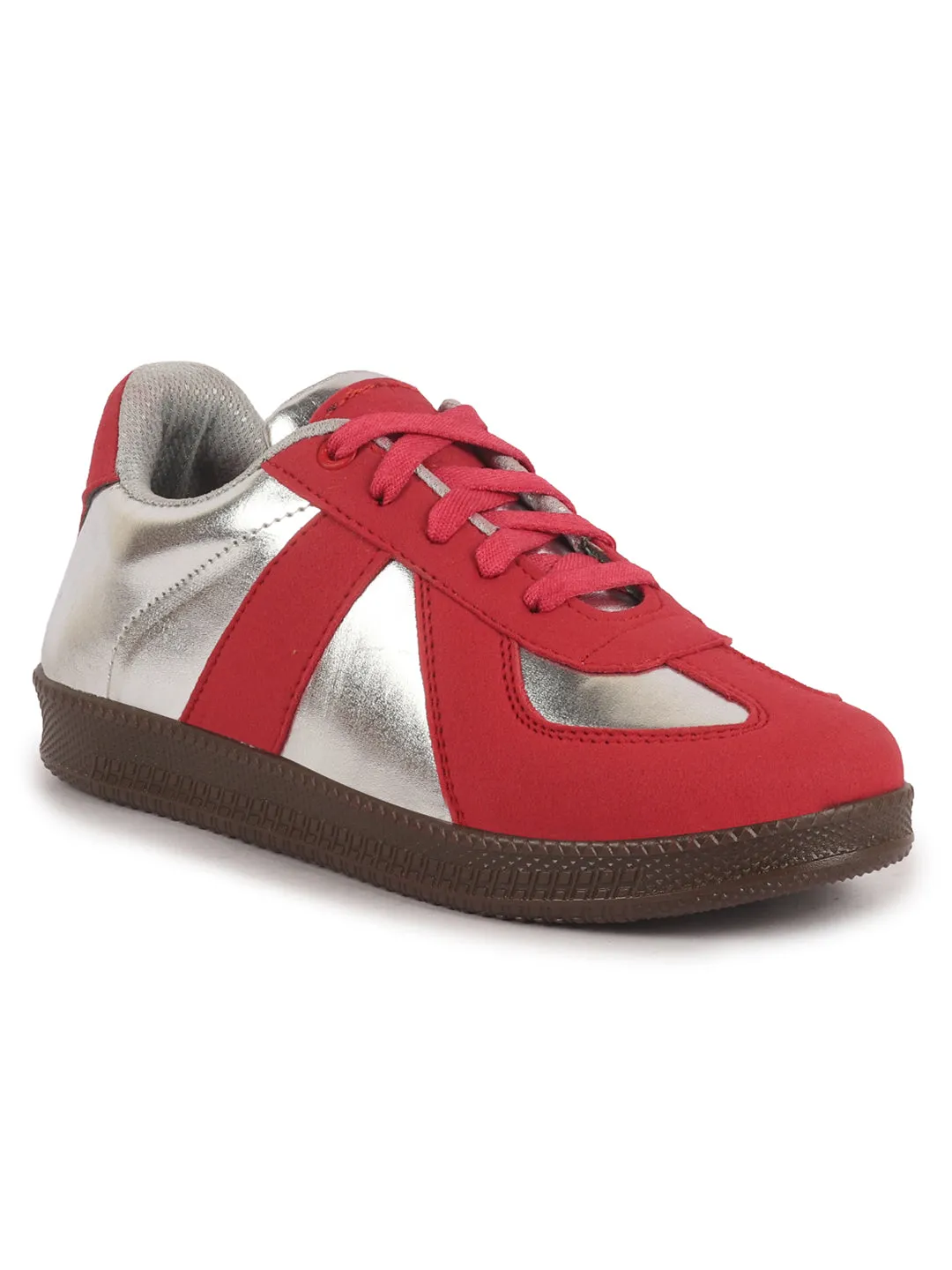 Women Red Embellished Classic Lace-Up Casual Shoes|Memory Cushioned Comfortable Sneakers