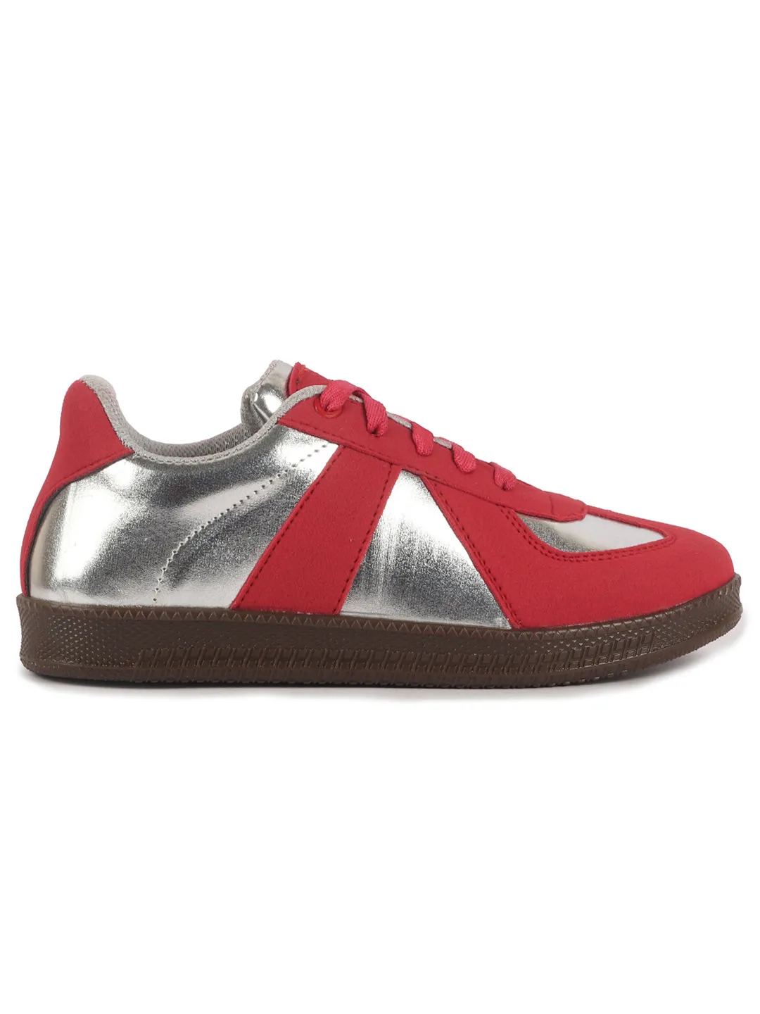 Women Red Embellished Classic Lace-Up Casual Shoes|Memory Cushioned Comfortable Sneakers