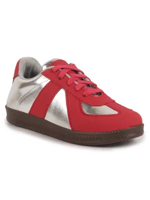 Women Red Embellished Classic Lace-Up Casual Shoes|Memory Cushioned Comfortable Sneakers