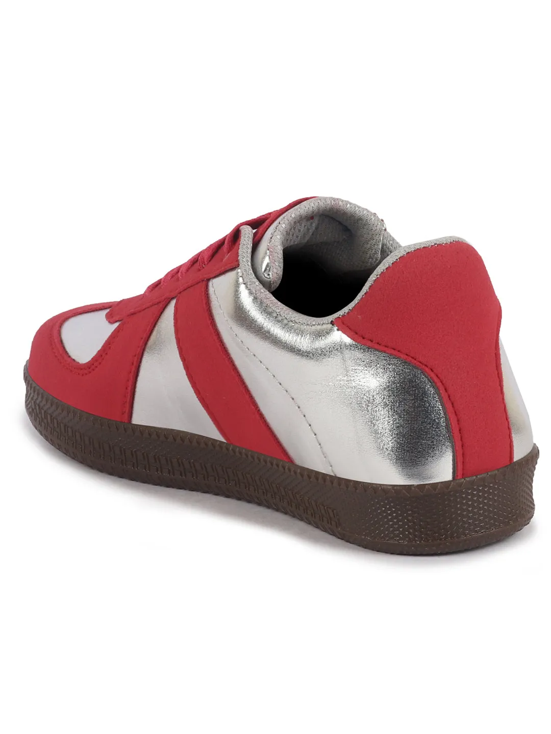 Women Red Embellished Classic Lace-Up Casual Shoes|Memory Cushioned Comfortable Sneakers