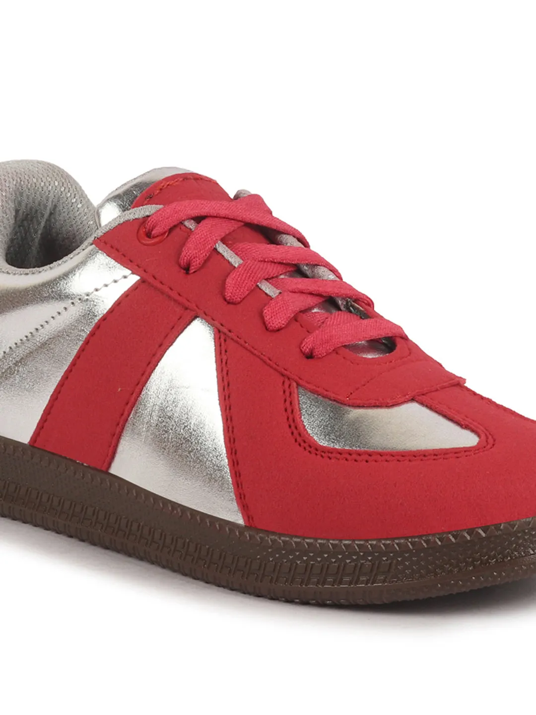 Women Red Embellished Classic Lace-Up Casual Shoes|Memory Cushioned Comfortable Sneakers